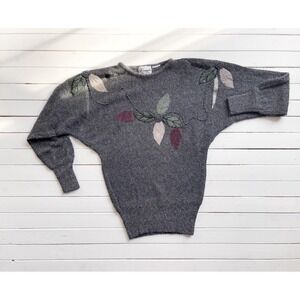 gray wool sweater‎ 80s vtg Donagain leaf embroidered lambswool sweater